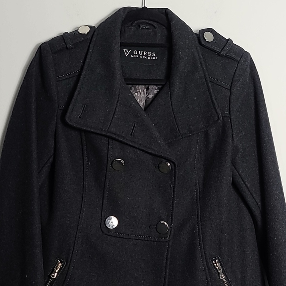 GUESS LOS ANGELES Dark Grey Wool Long Sleeve Button Up Coat Size Petite Small - Picture 5 of 16